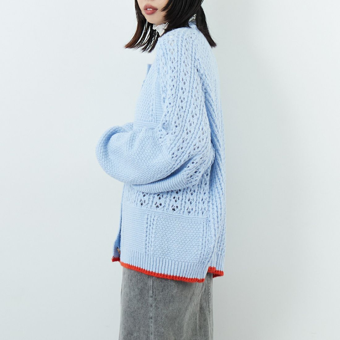 CARA & THE SKY [カラ アンド ザ スカイ] BRIGIT バルーンスリーブカーディガン [BRIGIT] 02 BLUE &&モデル身長：162cm 着用サイズ：M&&