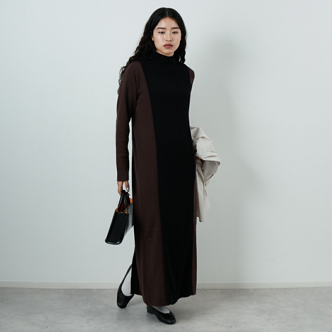 &g'aime [アンジェム] 配色ニットワンピース [986-67407] ﾌﾞﾗｳﾝ &&モデル身長：162cm 着用サイズ：F&&