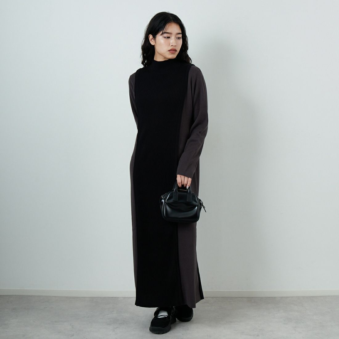 &g'aime [アンジェム] 配色ニットワンピース [986-67407] ﾁｬｺｰﾙ &&モデル身長：162cm 着用サイズ：F&&