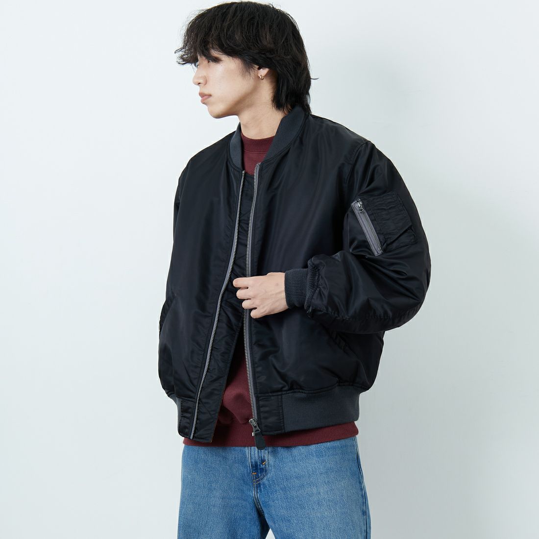 Jeans Factory Clothes [ジーンズファクトリークローズ] MA-1ジャケット [JFC-254-067] BLACK &&モデル身長：179cm 着用サイズ：L&&