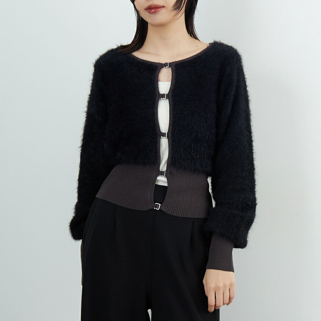 &g'aime [アンジェム] シャギーカーディガン [986-67026] ﾌﾞﾗｯｸ &&モデル身長：162cm 着用サイズ：F&&