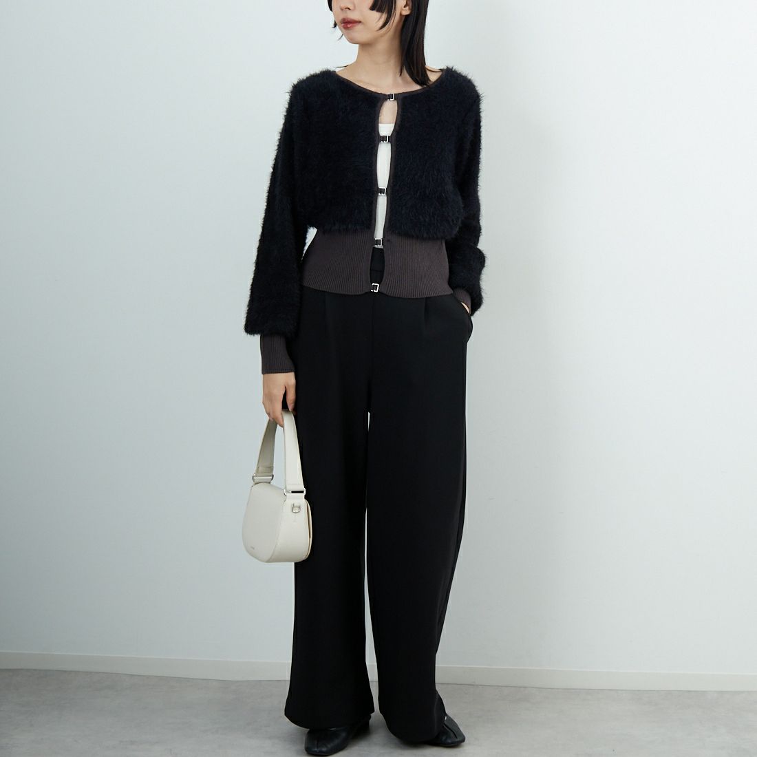 &g'aime [アンジェム] シャギーカーディガン [986-67026] ﾌﾞﾗｯｸ &&モデル身長：162cm 着用サイズ：F&&