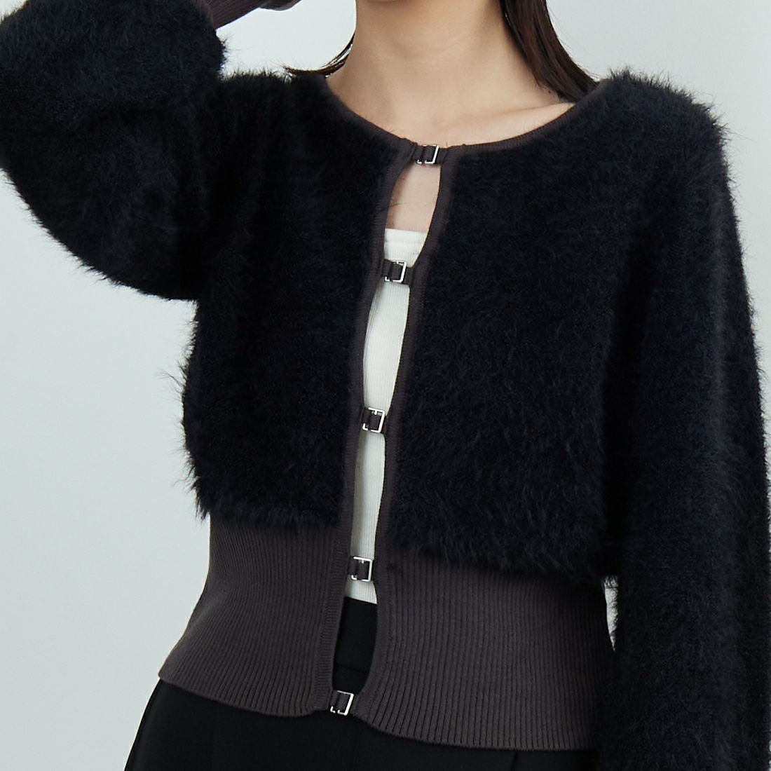 &g'aime [アンジェム] シャギーカーディガン [986-67026] ﾌﾞﾗｯｸ &&モデル身長：162cm 着用サイズ：F&&