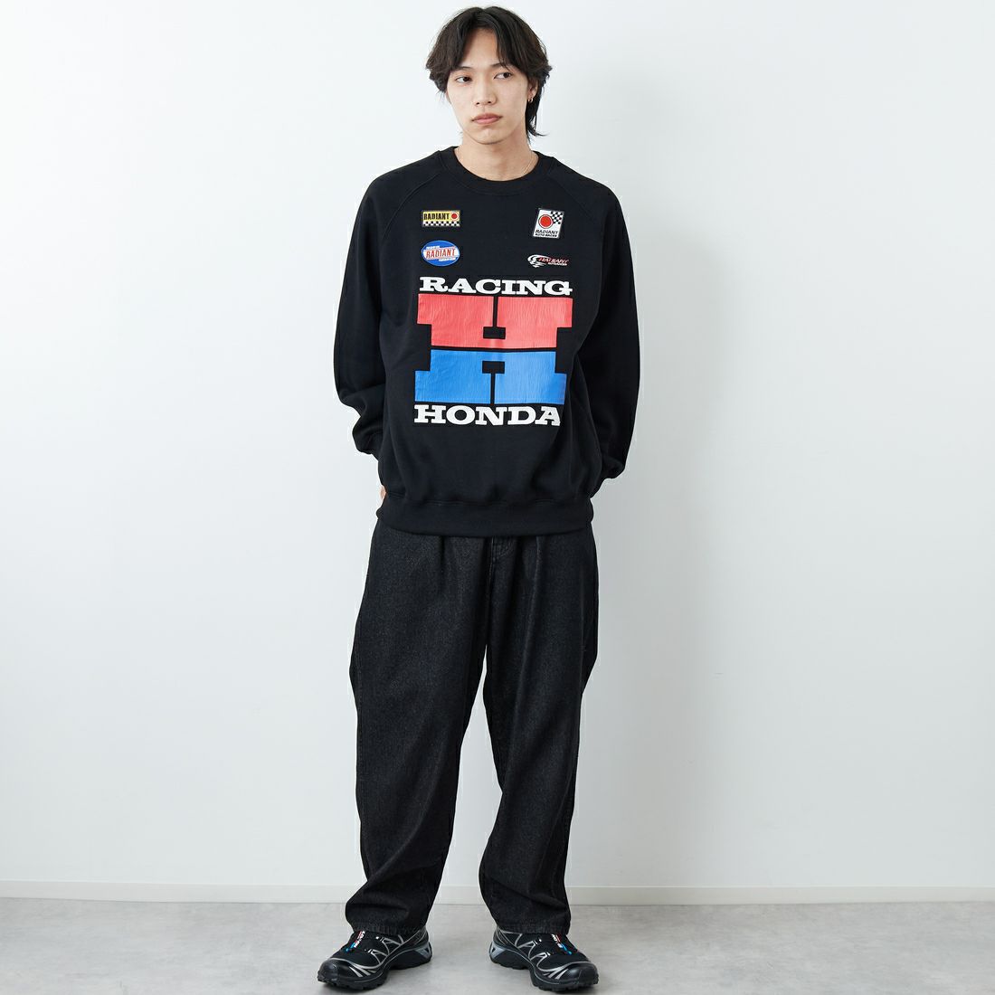 HONDA × JEANSFACTORY [ホンダ × ジーンズファクトリー] レーシングスウェット [JFC-254-089] BLACK &&モデル身長：179cm 着用サイズ：L&&