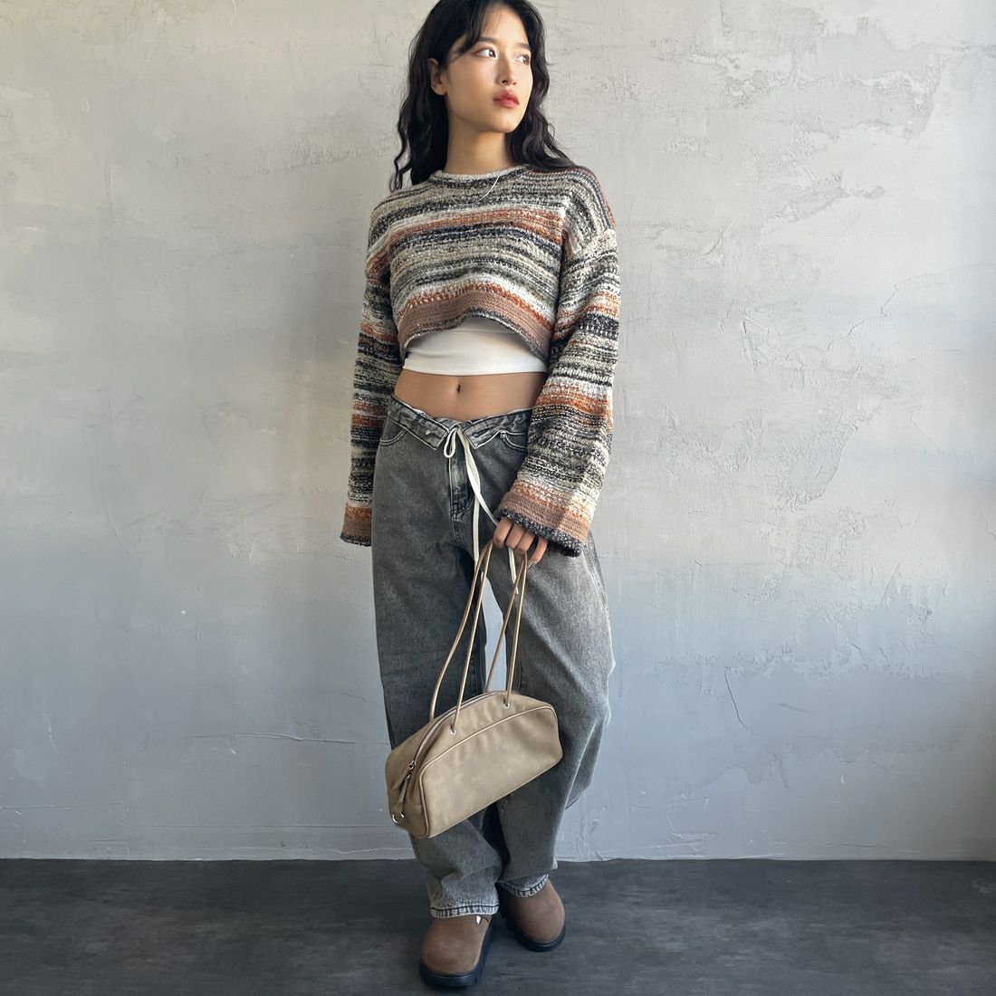 Noir Fabrik [ヌワールファブリック] ミックスヤーンクロップドニット [12612-WG] ORANGE &&モデル身長：162cm 着用サイズ：F&&