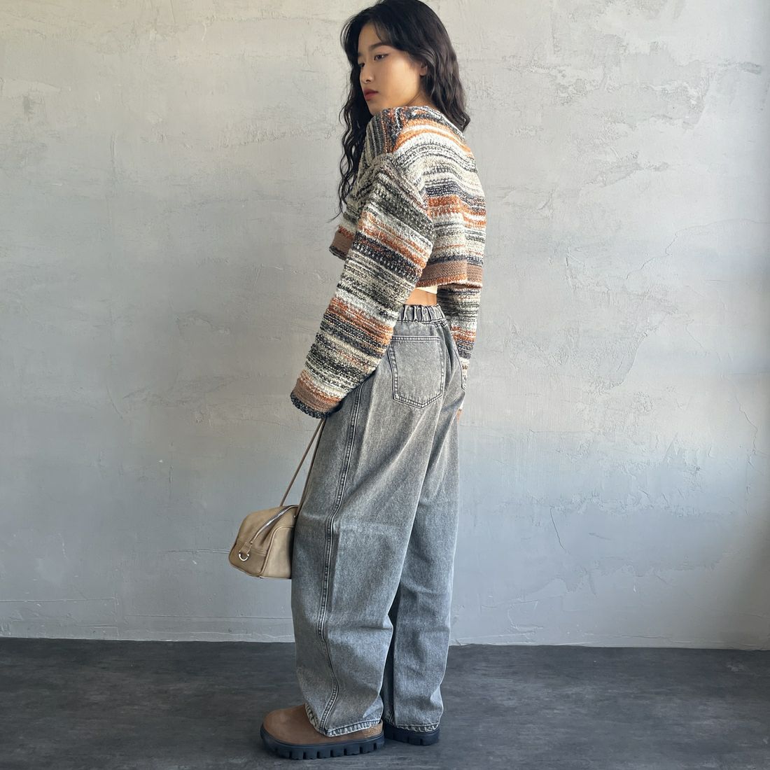 Noir Fabrik [ヌワールファブリック] ミックスヤーンクロップドニット [12612-WG] ORANGE &&モデル身長：162cm 着用サイズ：F&&