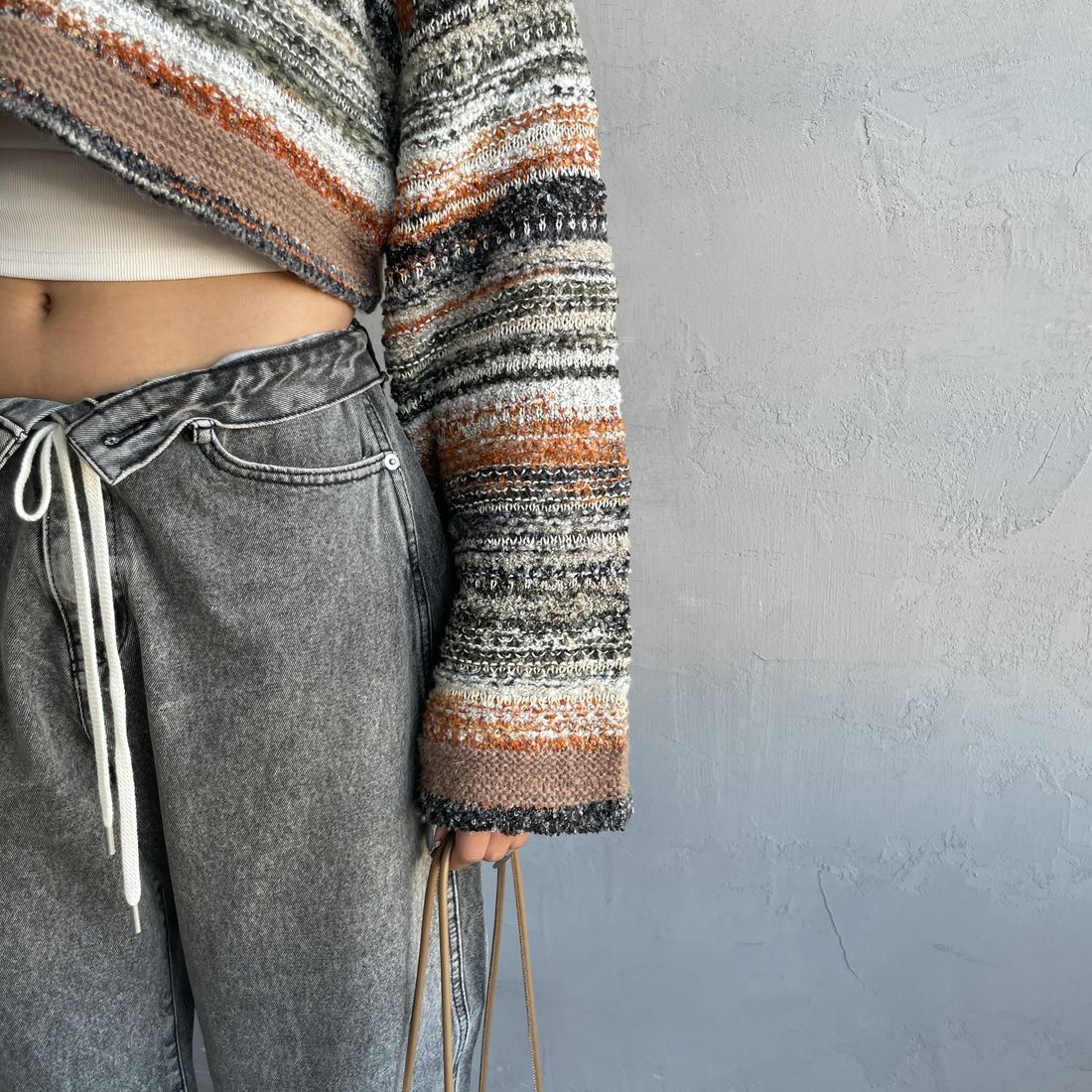 Noir Fabrik [ヌワールファブリック] ミックスヤーンクロップドニット [12612-WG] ORANGE &&モデル身長：162cm 着用サイズ：F&&