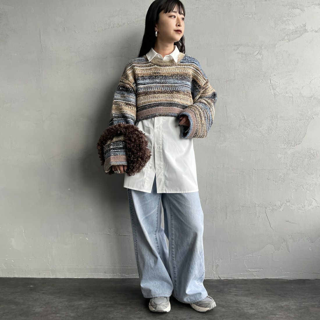 Noir Fabrik [ヌワールファブリック] ミックスヤーンクロップドニット [12612-WG] BLUE &&モデル身長：150cm 着用サイズ：F&&