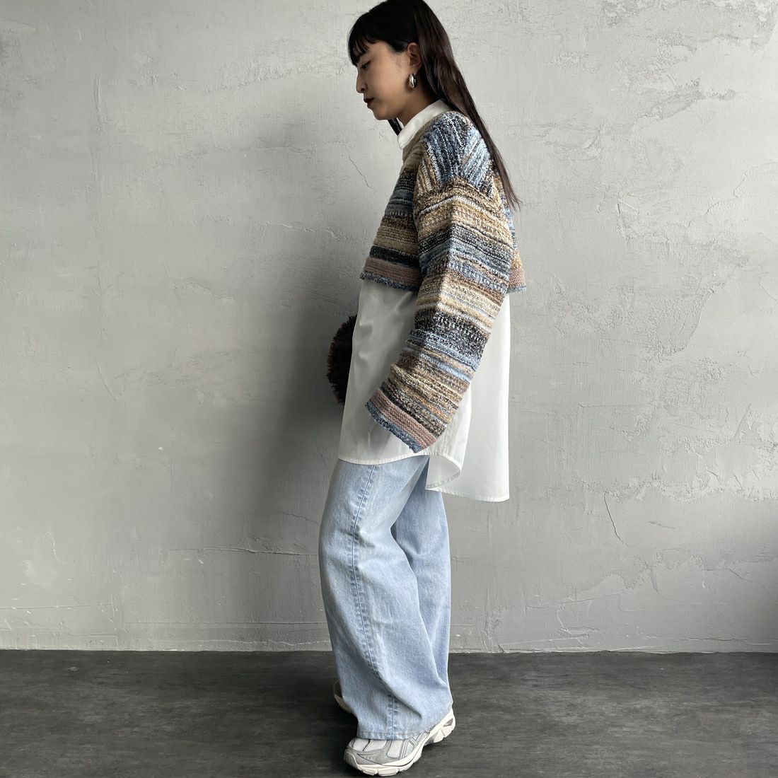 Noir Fabrik [ヌワールファブリック] ミックスヤーンクロップドニット [12612-WG] BLUE &&モデル身長：150cm 着用サイズ：F&&