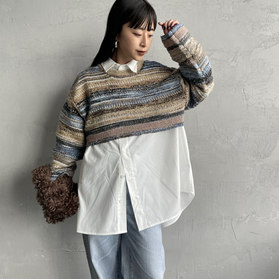 Noir Fabrik [ヌワールファブリック] ミックスヤーンクロップドニット [12612-WG] BLUE &&モデル身長：150cm 着用サイズ：F&&