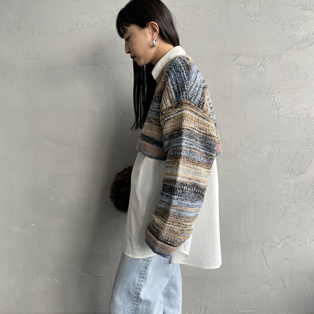 Noir Fabrik [ヌワールファブリック] ミックスヤーンクロップドニット [12612-WG] BLUE &&モデル身長：150cm 着用サイズ：F&&