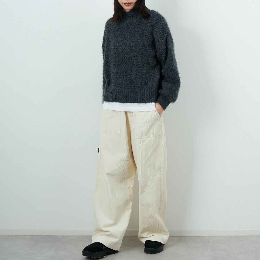 Jf Ready Made [ジェイエフレディメイド] バスケットモール スタンドネックプルオーバー [3225420]ﾁｬｺｰﾙｸﾞﾚｰ &&モデル身長：162cm 着用サイズ：F&&