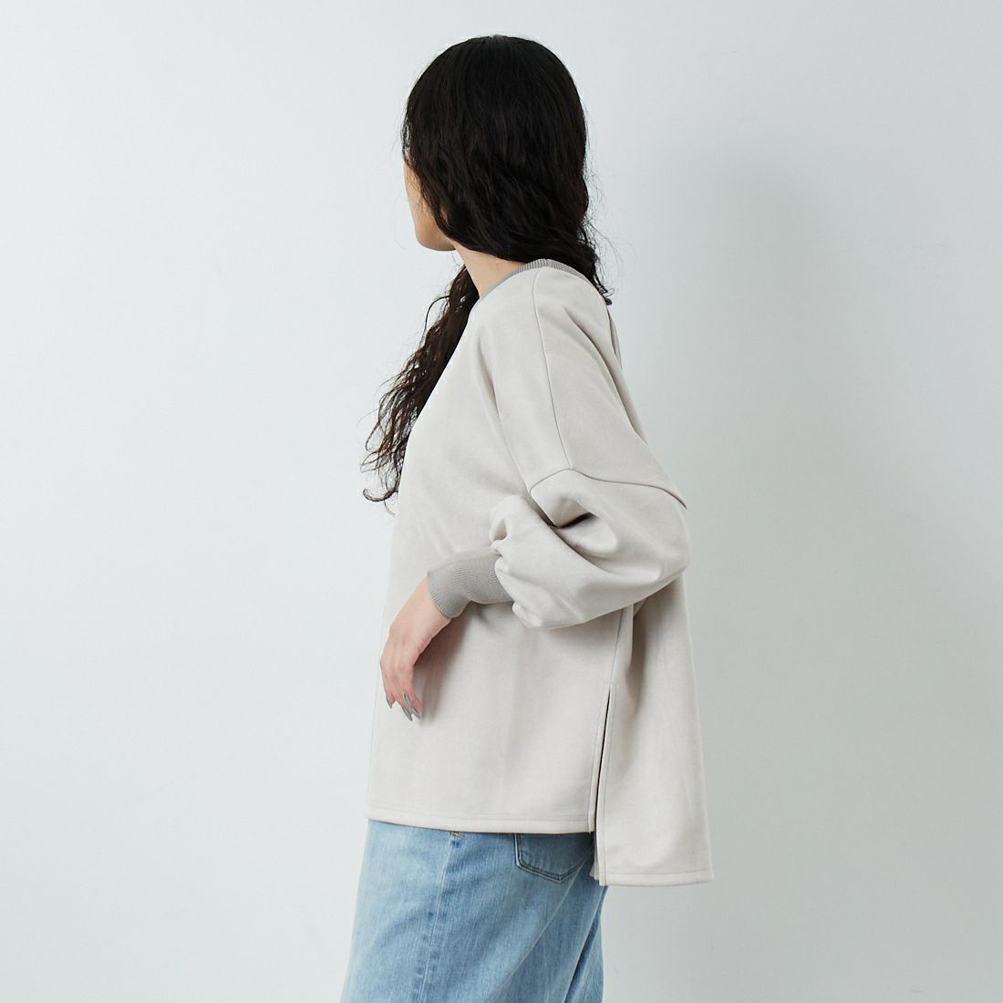 Jf Ready Made [ジェイエフレディメイド] スエードリブワイドプルオーバー [3225603] ｸﾞﾚｰﾍﾞｰｼﾞｭ &&モデル身長：162cm 着用サイズ：F&&