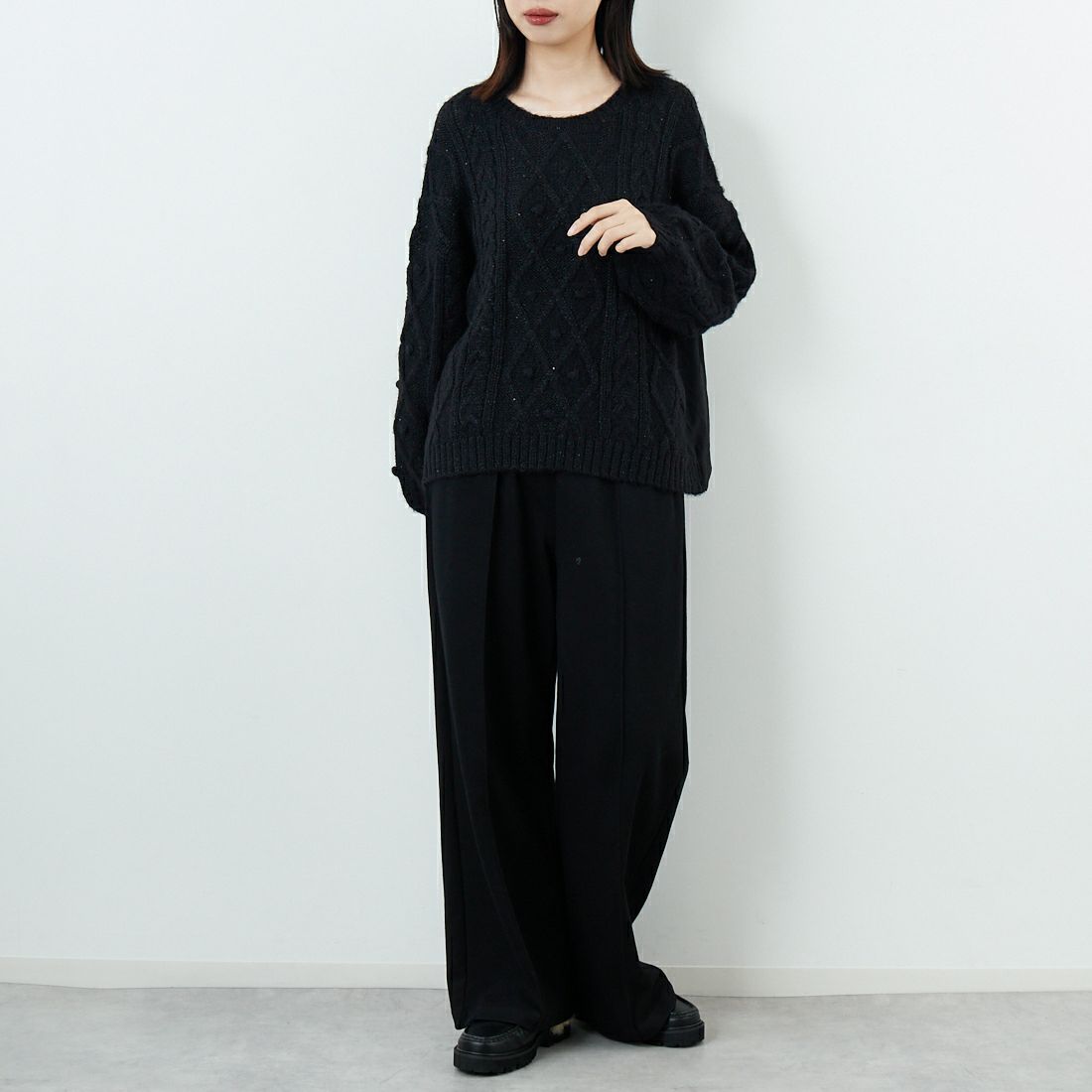 TORRAZZO DONNA [トラッゾドンナ] ケーブルニット ハイブリットトップス [6263-515] 19 BLACK &&モデル身長：162cm 着用サイズ：F&&