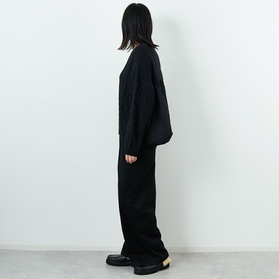 TORRAZZO DONNA [トラッゾドンナ] ケーブルニット ハイブリットトップス [6263-515] 19 BLACK &&モデル身長：162cm 着用サイズ：F&&