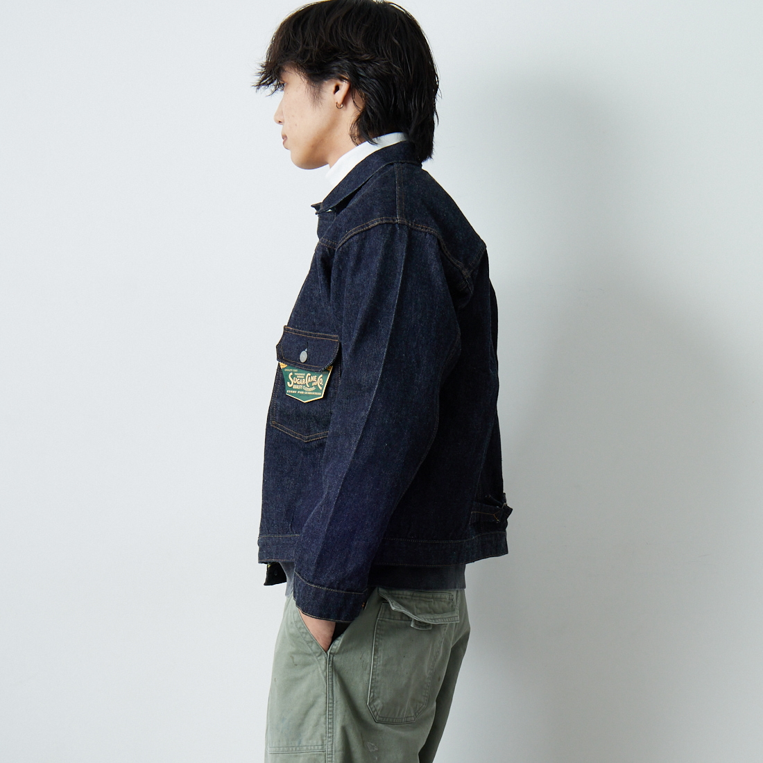 SUGAR CANE [シュガーケーン] 1936年モデル 13ozデニムブラウス [SC11936T] 421 A.NAVY &&モデル身長：179cm 着用サイズ：46&&