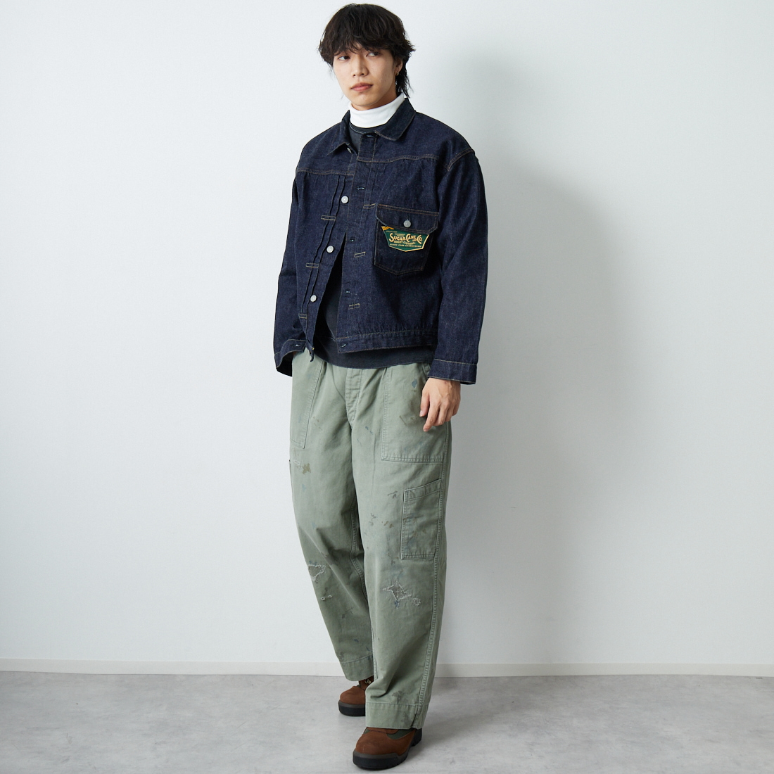 SUGAR CANE [シュガーケーン] 1936年モデル 13ozデニムブラウス [SC11936T] 421 A.NAVY &&モデル身長：179cm 着用サイズ：46&&