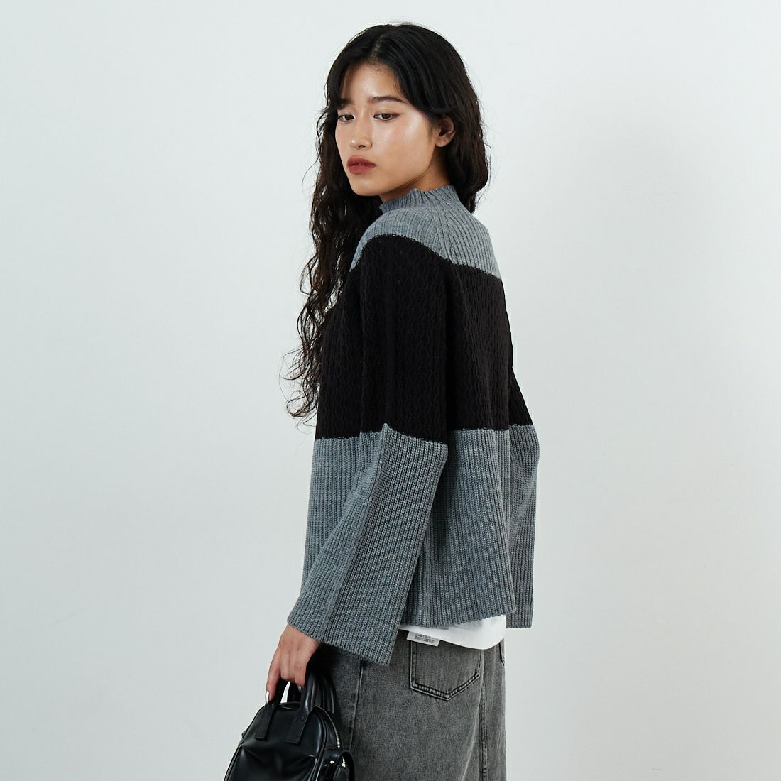 Jeans Factory Clothes [ジーンズファクトリークローズ] ホールガーメント3段柄ニットプルオーバー [113-2050] ｸﾞﾚｰ &&モデル身長：162cm 着用サイズ：F&&