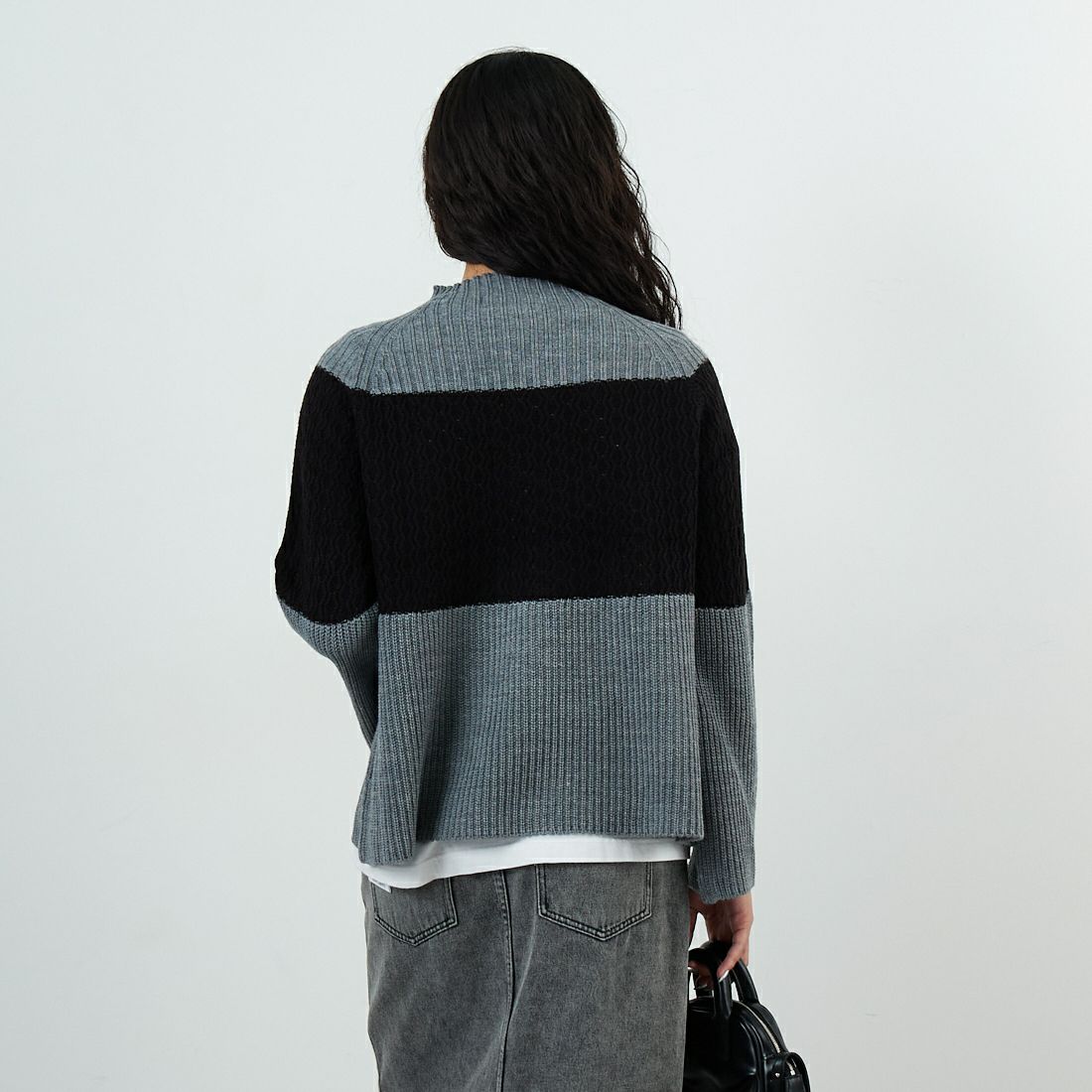 Jeans Factory Clothes [ジーンズファクトリークローズ] ホールガーメント3段柄ニットプルオーバー [113-2050] ｸﾞﾚｰ &&モデル身長：162cm 着用サイズ：F&&