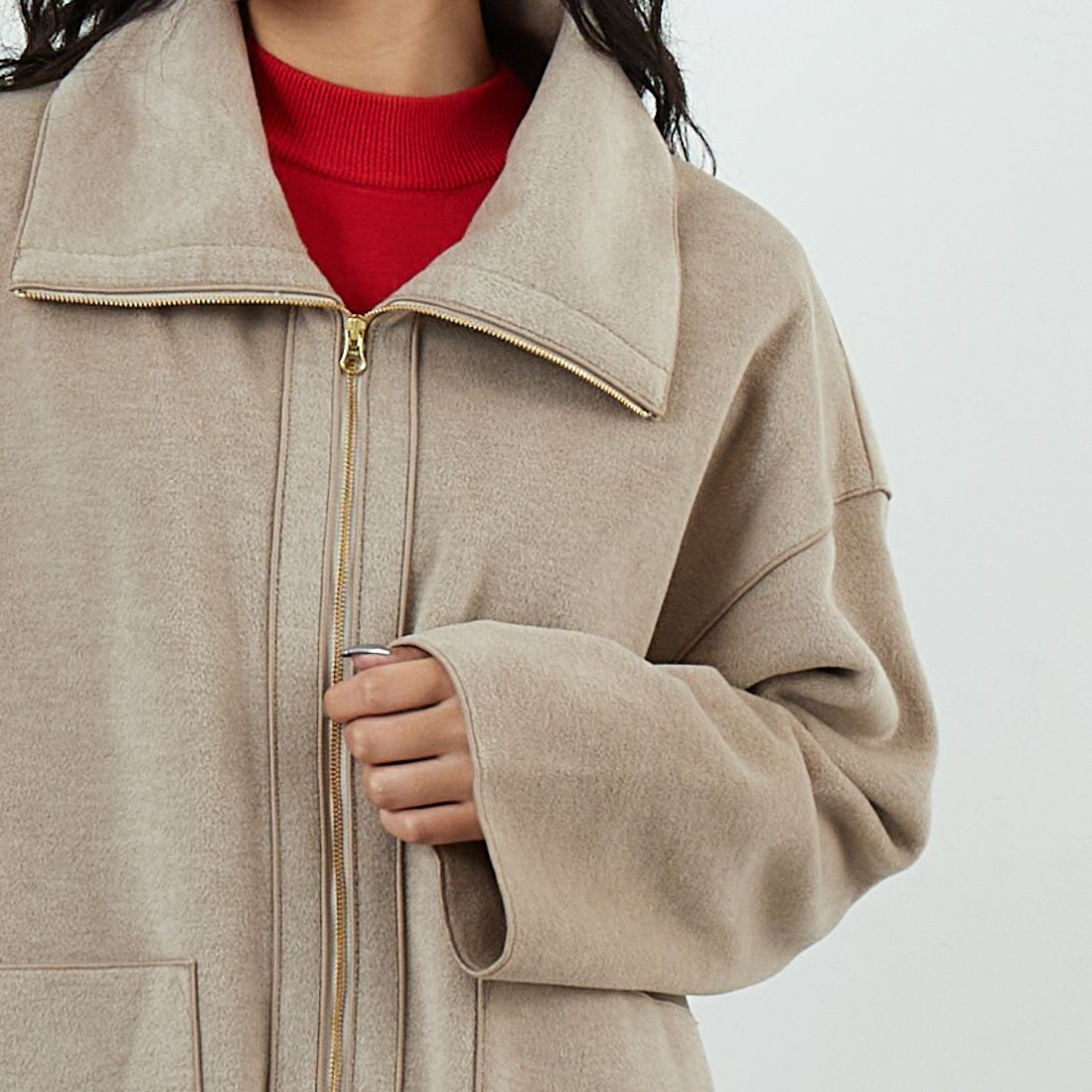 Jf Ready Made [ジェイエフレディメイド] ニット両面パイルジャケット [8852151-01] 61 ﾍﾞｰｼﾞｭ &&モデル身長：162cm 着用サイズ：F&&