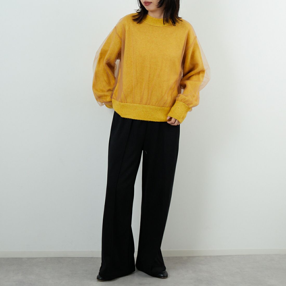 WHYTO. [ホワイト] チュールレイヤードニット [WHT25FKN4040] YELLOW &&モデル身長：162cm 着用サイズ：F&&