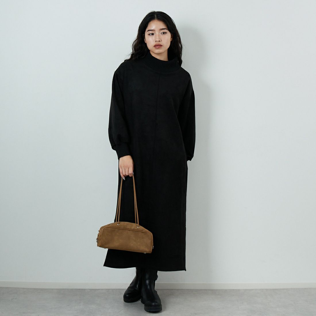 Jf Ready Made [ジェイエフレディメイド] スエードリブモックネックワンピース [3225611] ﾌﾞﾗｯｸ &&モデル身長：162cm 着用サイズ：F&&