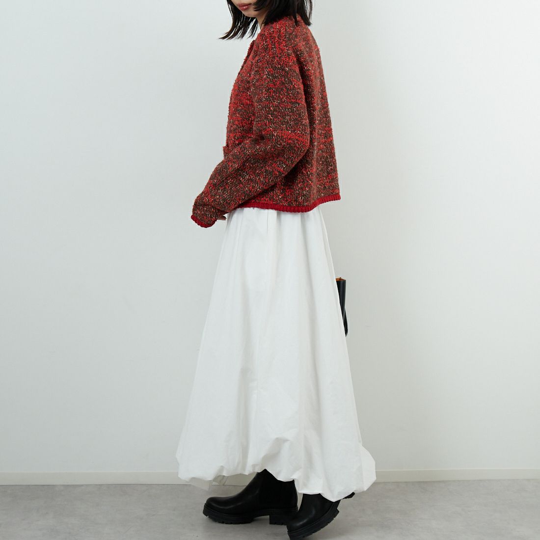 WHYTO. [ホワイト] ミックステープヤーンニットジャケット [WHT25FKN4036] RED &&モデル身長：162cm 着用サイズ：F&&