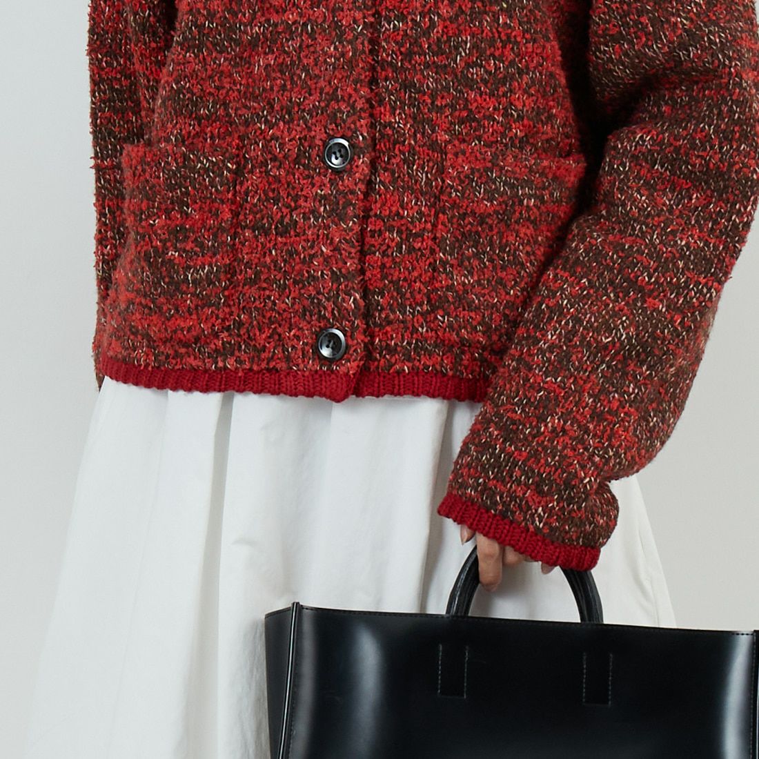 WHYTO. [ホワイト] ミックステープヤーンニットジャケット [WHT25FKN4036] RED &&モデル身長：162cm 着用サイズ：F&&