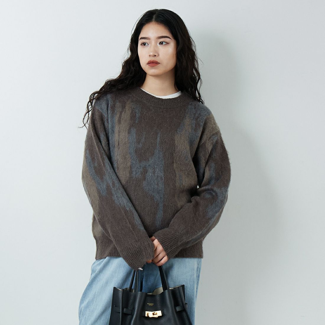 SLICK [スリック] シャギーモヘア アブストラクトジャガードプルオーバー [5151058] 500 BROWN &&モデル身長：162cm 着用サイズ：0&&