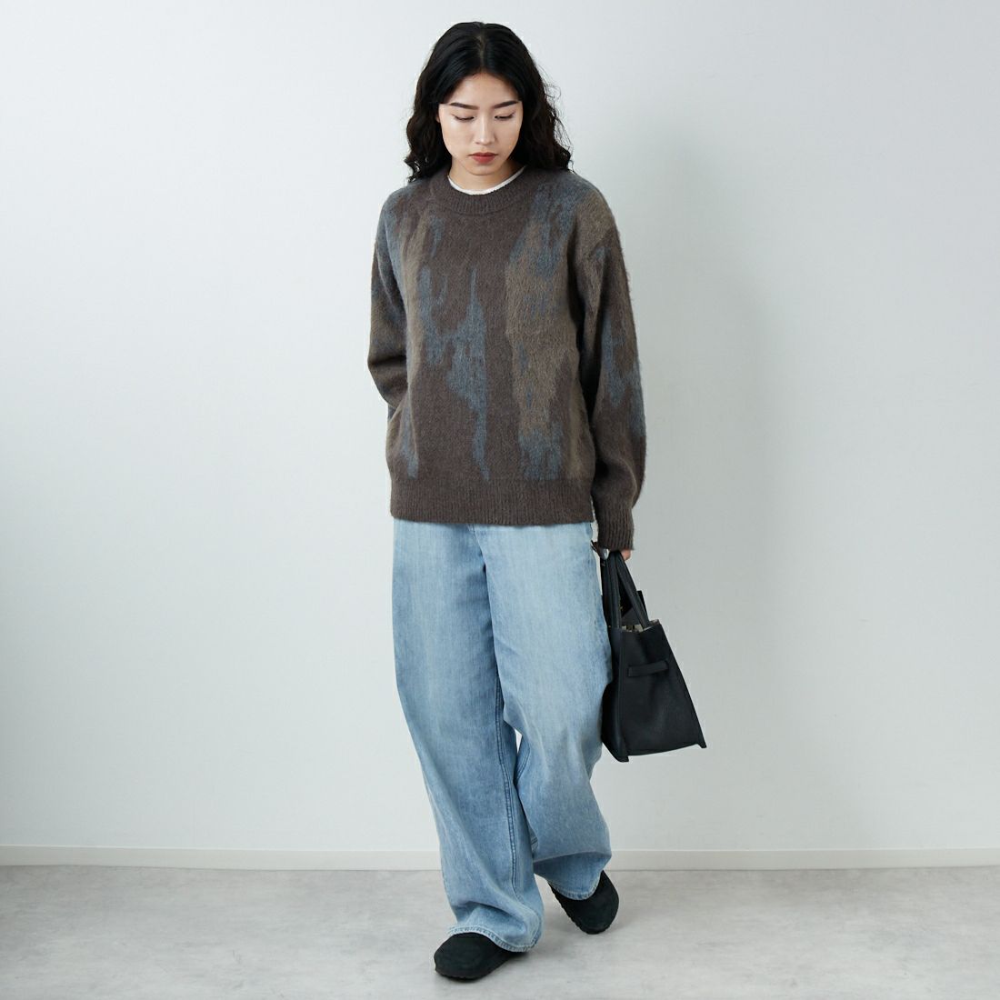 SLICK [スリック] シャギーモヘア アブストラクトジャガードプルオーバー [5151058] 500 BROWN &&モデル身長：162cm 着用サイズ：0&&