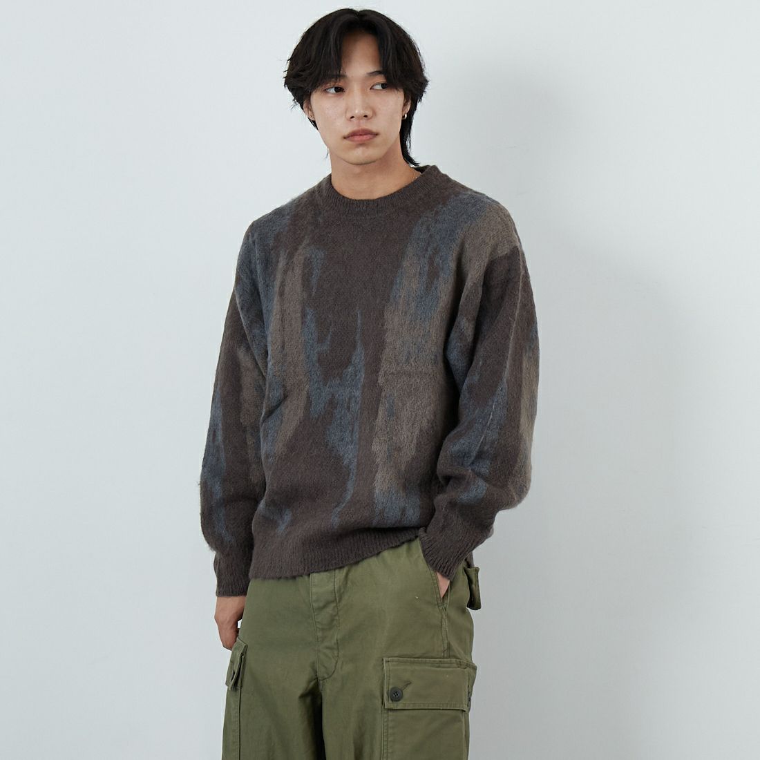 SLICK [スリック] シャギーモヘア アブストラクトジャガードプルオーバー [5151058] 500 BROWN &&モデル身長：179cm 着用サイズ：2&&