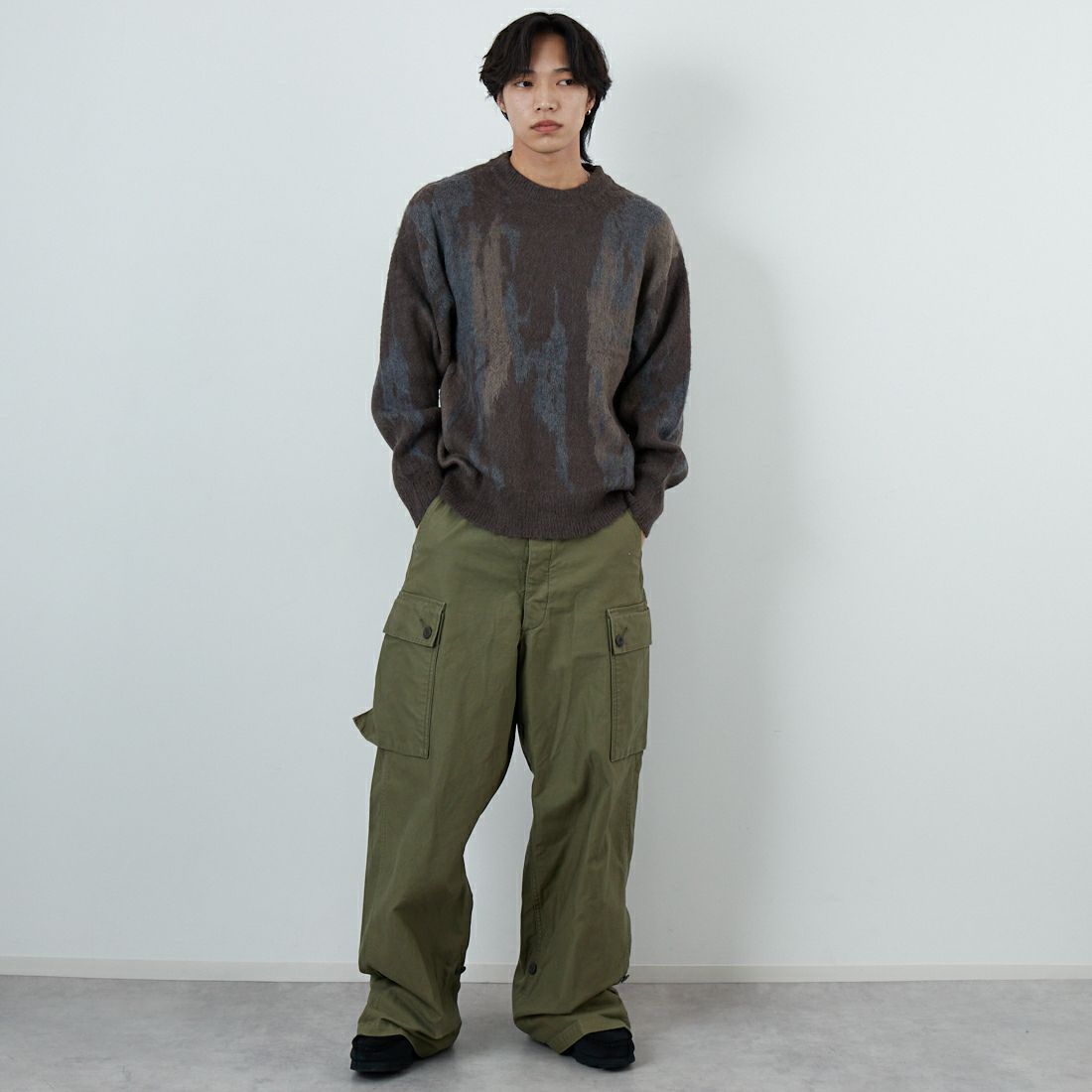 SLICK [スリック] シャギーモヘア アブストラクトジャガードプルオーバー [5151058] 500 BROWN &&モデル身長：179cm 着用サイズ：2&&