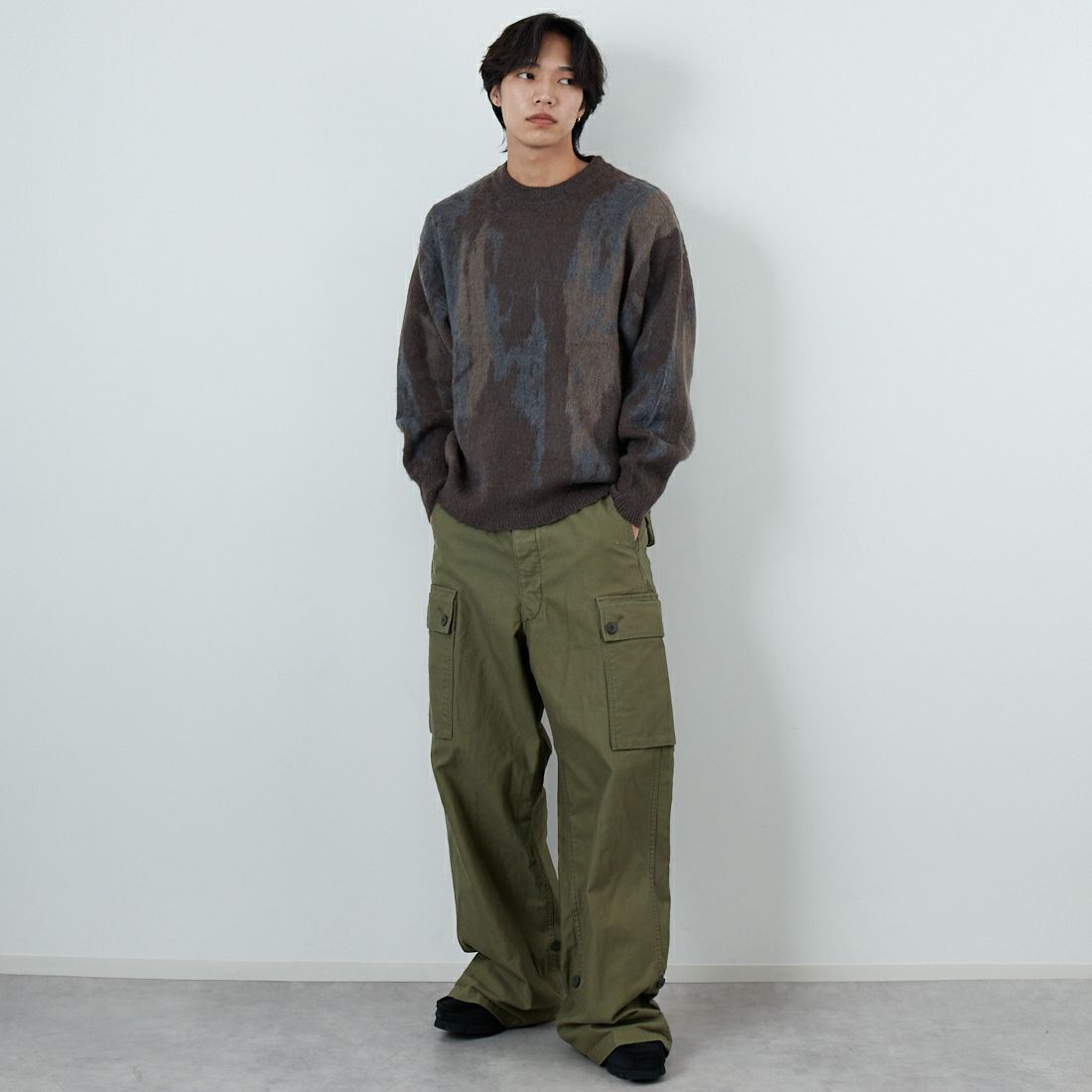 SLICK [スリック] シャギーモヘア アブストラクトジャガードプルオーバー [5151058] 500 BROWN &&モデル身長：179cm 着用サイズ：2&&