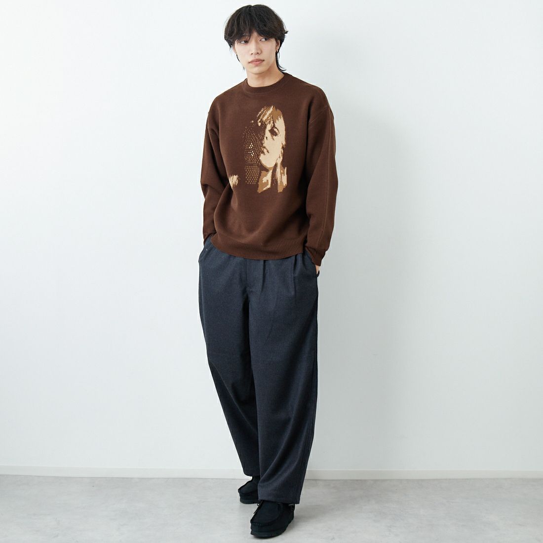 Noir Fabrik [ヌワールファブリック] 人物像柄ダブルジャガードニット [NF-254-097] B BRN/BEG &&モデル身長：179cm 着用サイズ：M&&