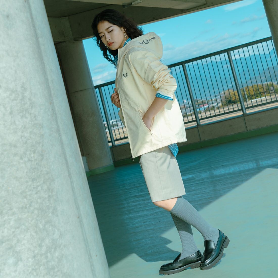 FRED PERRY [フレッドペリー] 別注 フード刺繍 ナイロンシェルジャケット [FPM-25A-031JF] BLACK/SHAD