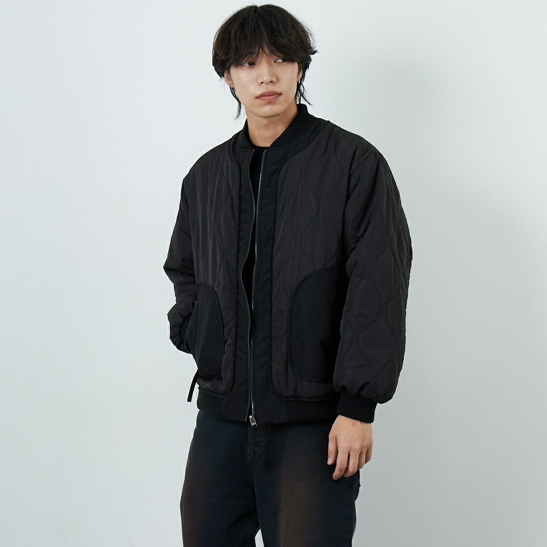 HELLO CALIF [ハローカリフ] キルティングボンバージャケット [511002IN] BLACK &&モデル身長：179cm 着用サイズ：M&&