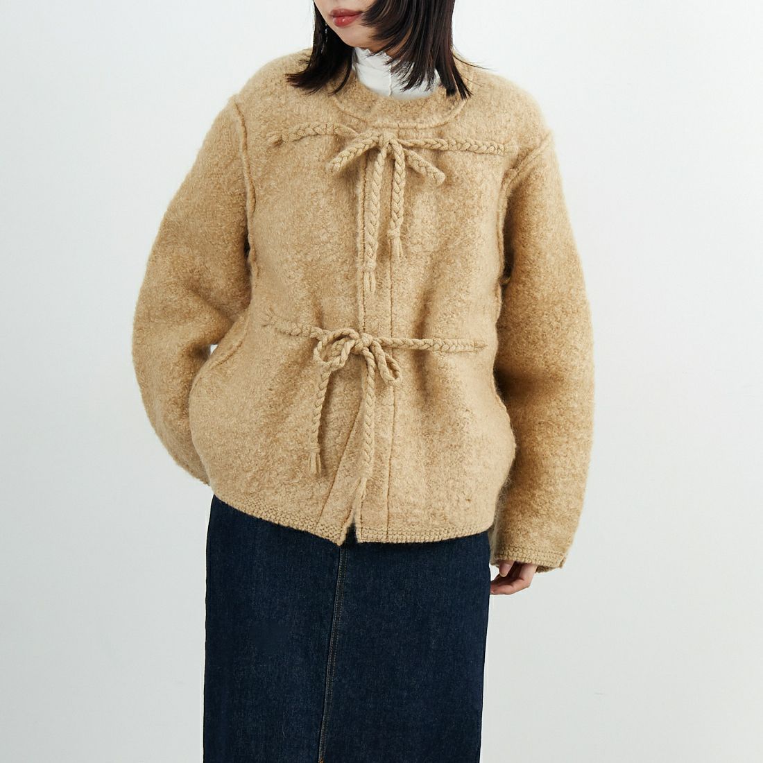 UNFIL [アンフィル] モヘア&シェットランドウール ジャンボループニットジャケット [WVFL-UW130] CAMEL &&モデル身長：162cm 着用サイズ：1&&
