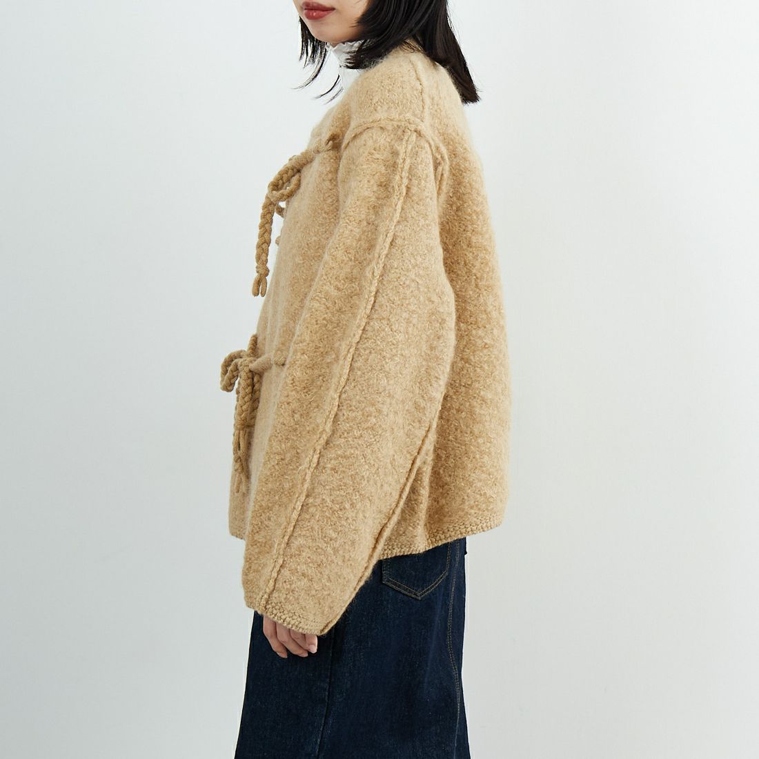 UNFIL [アンフィル] モヘア&シェットランドウール ジャンボループニットジャケット [WVFL-UW130] CAMEL &&モデル身長：162cm 着用サイズ：1&&