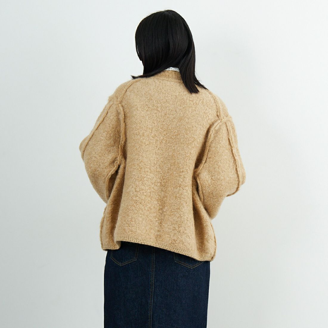 UNFIL [アンフィル] モヘア&シェットランドウール ジャンボループニットジャケット [WVFL-UW130] CAMEL &&モデル身長：162cm 着用サイズ：1&&