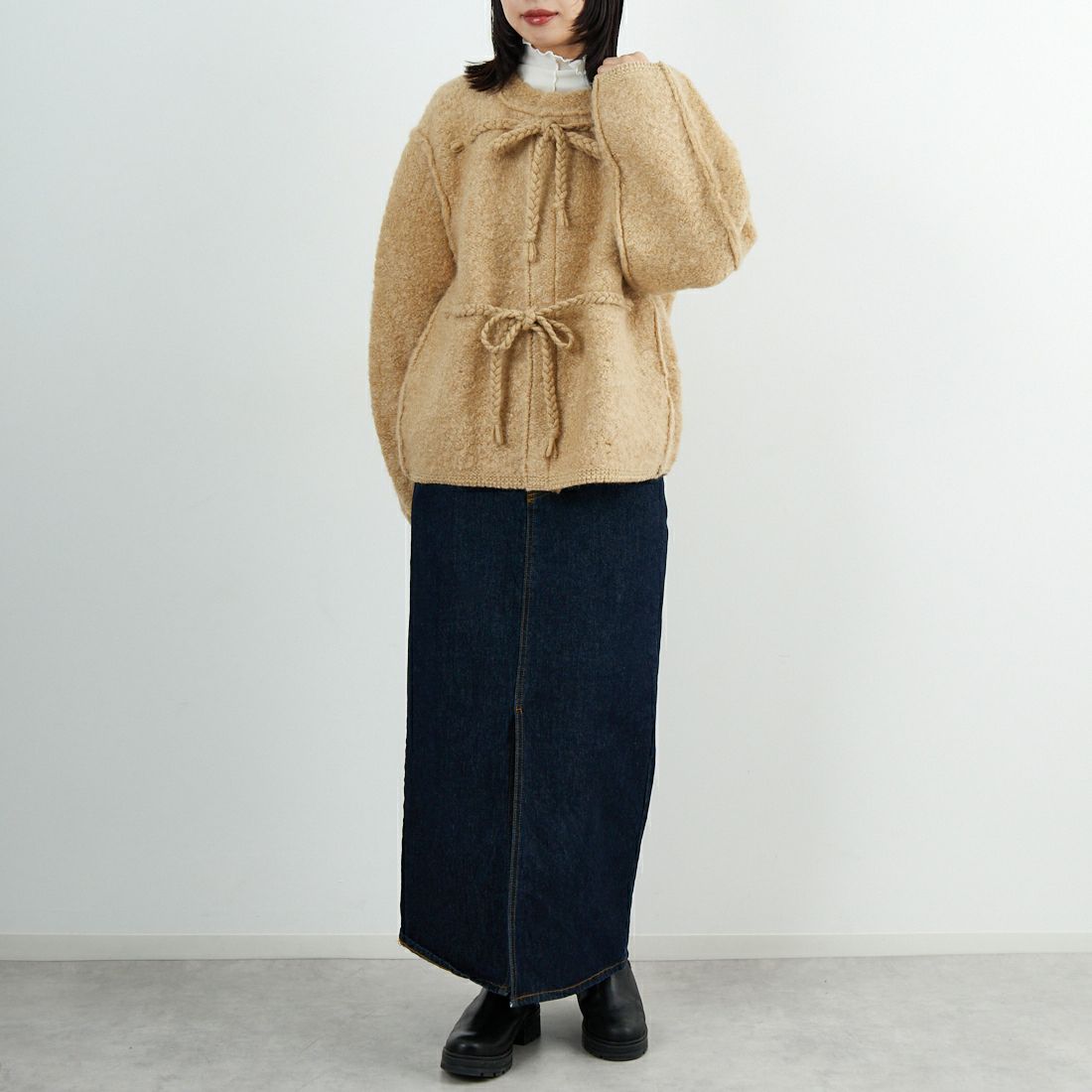 UNFIL [アンフィル] モヘア&シェットランドウール ジャンボループニットジャケット [WVFL-UW130] CAMEL &&モデル身長：162cm 着用サイズ：1&&