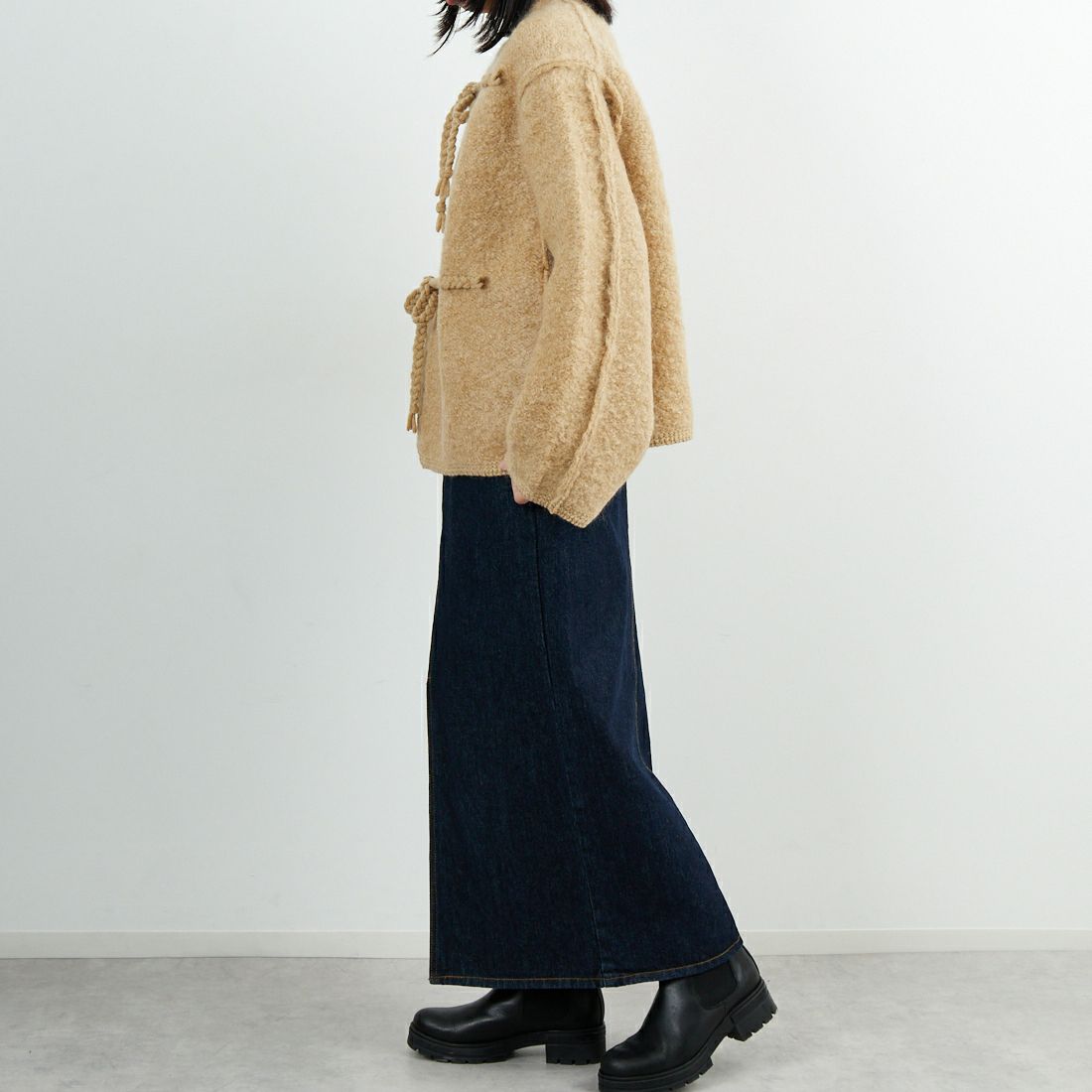 UNFIL [アンフィル] モヘア&シェットランドウール ジャンボループニットジャケット [WVFL-UW130] CAMEL &&モデル身長：162cm 着用サイズ：1&&