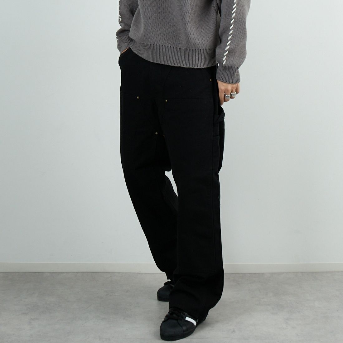 South2West8 [サウスツーウエストエイト] コットンキャンバス ダブルニーペインターパンツ [RW588] C BLACK &&モデル身長：179cm 着用サイズ：L&&