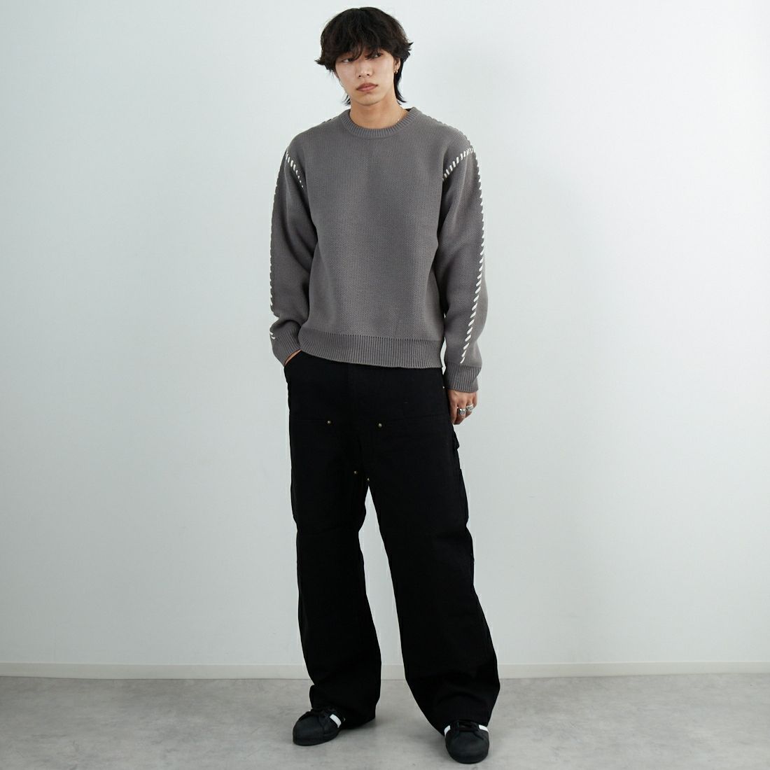 South2West8 [サウスツーウエストエイト] コットンキャンバス ダブルニーペインターパンツ [RW588] C BLACK &&モデル身長：179cm 着用サイズ：L&&