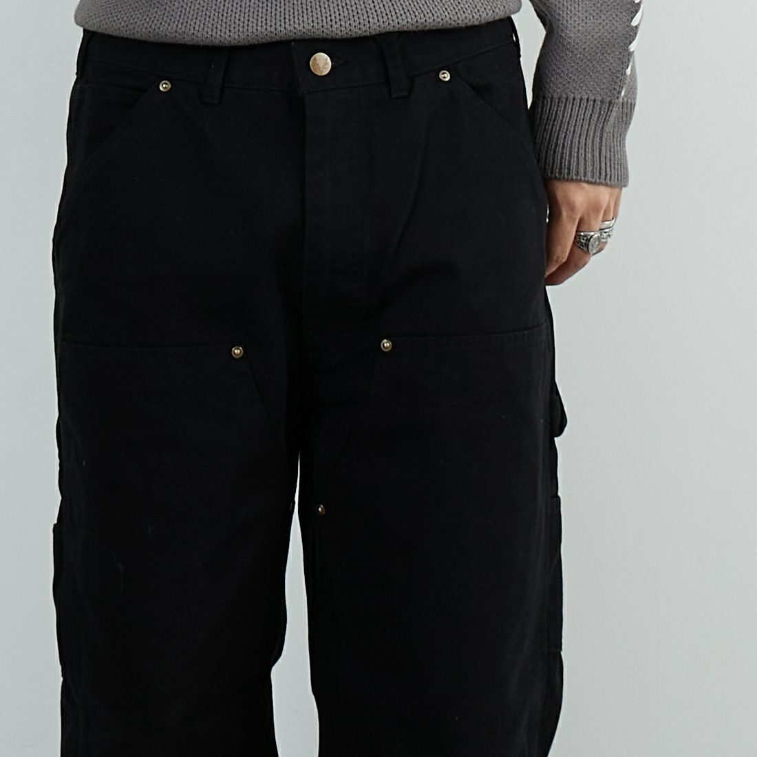 South2West8 [サウスツーウエストエイト] コットンキャンバス ダブルニーペインターパンツ [RW588] C BLACK &&モデル身長：179cm 着用サイズ：L&&