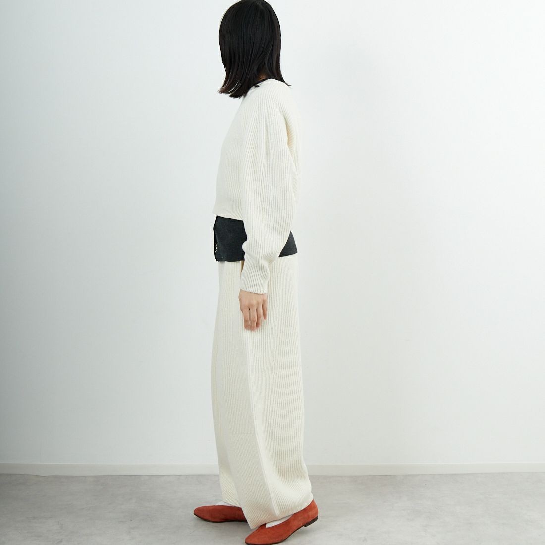 UNFIL [アンフィル] ウーレンコットン&EXファインラムウール リブニットワイドパンツ [WVFL-UW124] OFF WHITE &&モデル身長：162cm 着用サイズ：1&&