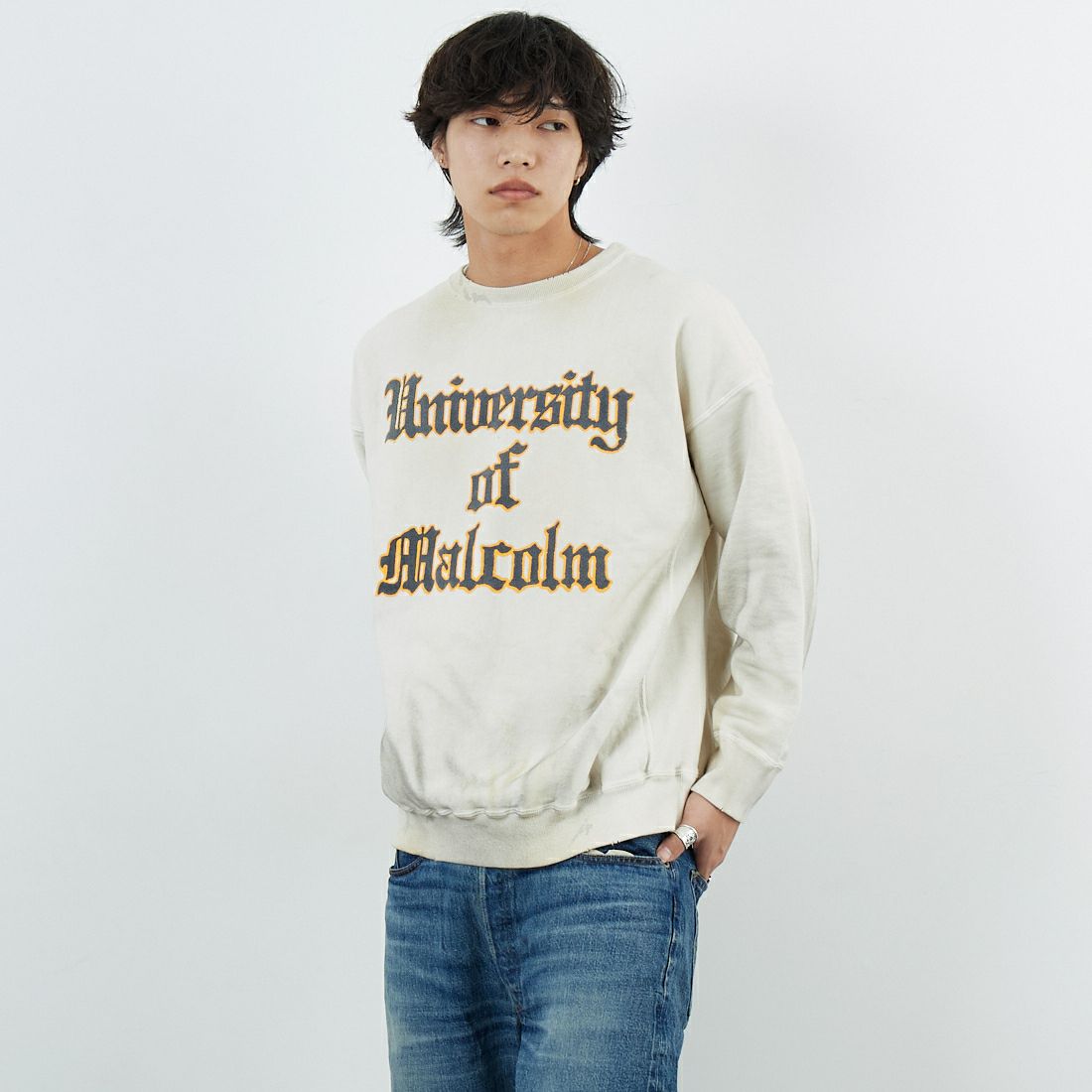 BOW WOW [バウワウ] UNIV.マクラーレン レタリングエイジドスウェット [BW252-UMLS] AGED WHITE &&モデル身長：179cm 着用サイズ：L&&