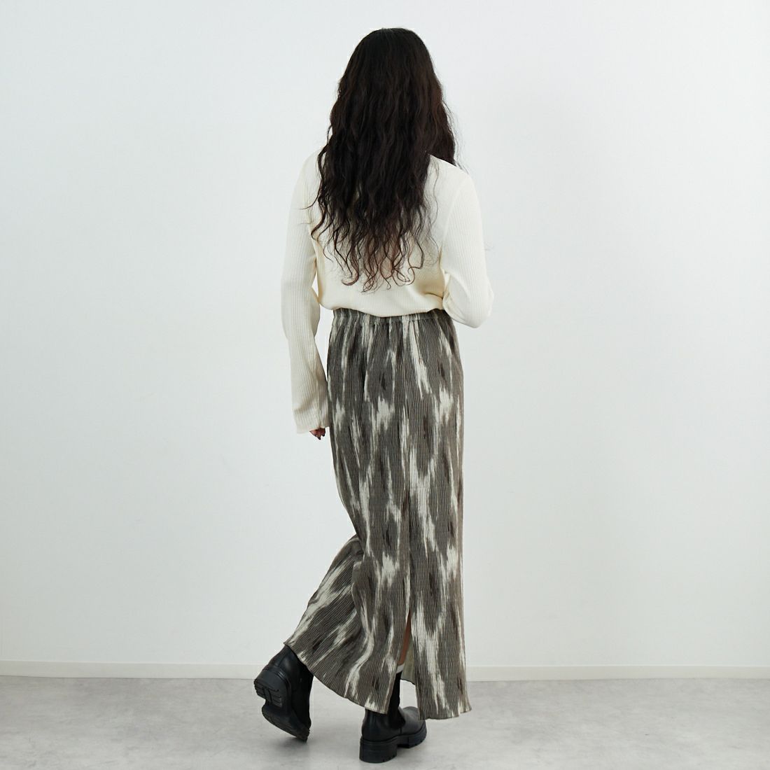 Jf Ready Made [ジェイエフレディメイド] プリーツ加工プリントスカート [04297-JK] BROWN &&モデル身長：162cm 着用サイズ：F&&