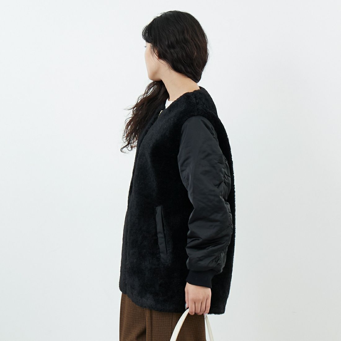 Jeans Factory Clothes [ジーンズファクトリークローズ] ボア切替ノーカラーコート [785750] 03 ﾌﾞﾗｯｸ &&モデル身長：162cm 着用サイズ：F&&