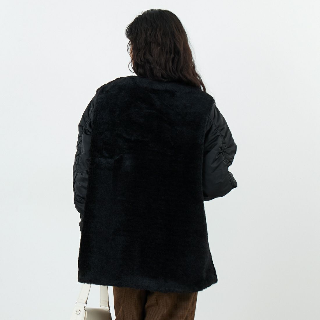 Jeans Factory Clothes [ジーンズファクトリークローズ] ボア切替ノーカラーコート [785750] 03 ﾌﾞﾗｯｸ &&モデル身長：162cm 着用サイズ：F&&