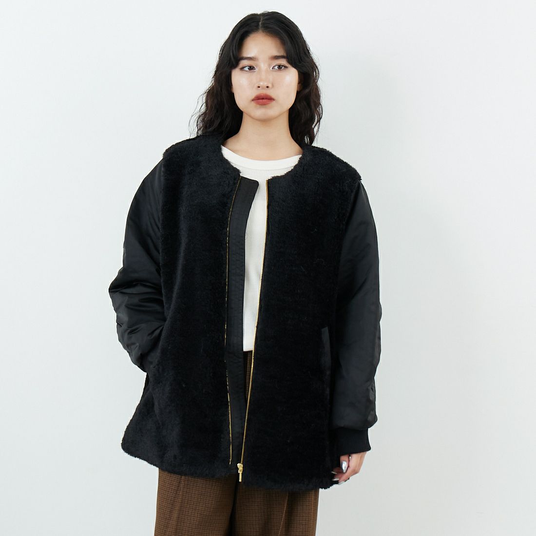 Jeans Factory Clothes [ジーンズファクトリークローズ] ボア切替ノーカラーコート [785750] 03 ﾌﾞﾗｯｸ &&モデル身長：162cm 着用サイズ：F&&